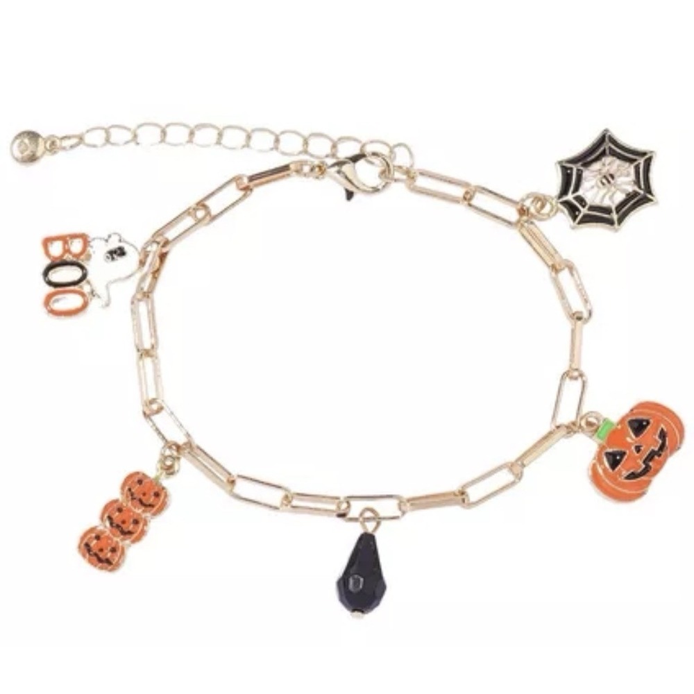 Ghost Halloween Charm Bracelet Pumpkin Spider Boo Paperclip Chain Gold Tone NEW